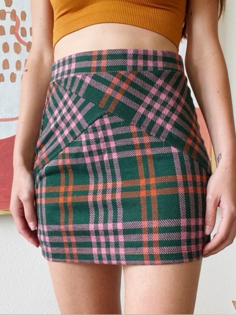 Free People Green, Pink & Orange Plaid Mini Skirt